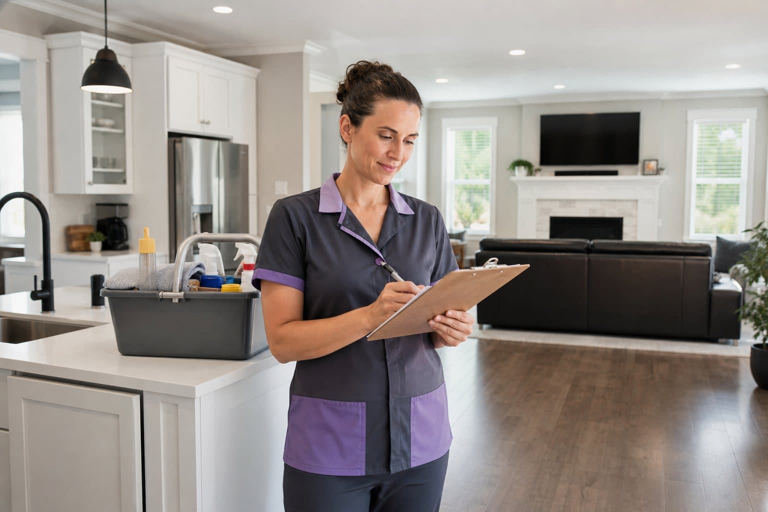 Residential cleaner reviewing a quality checklist in a bright home