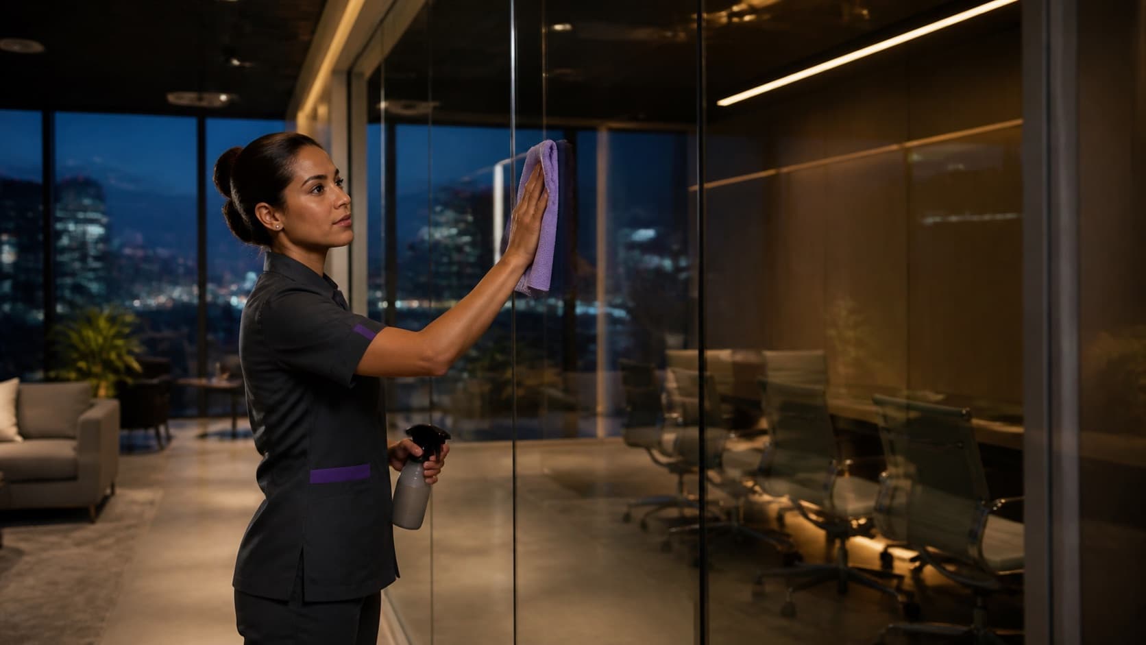 Professional cleaner caring for a glass wall in a modern office after dark