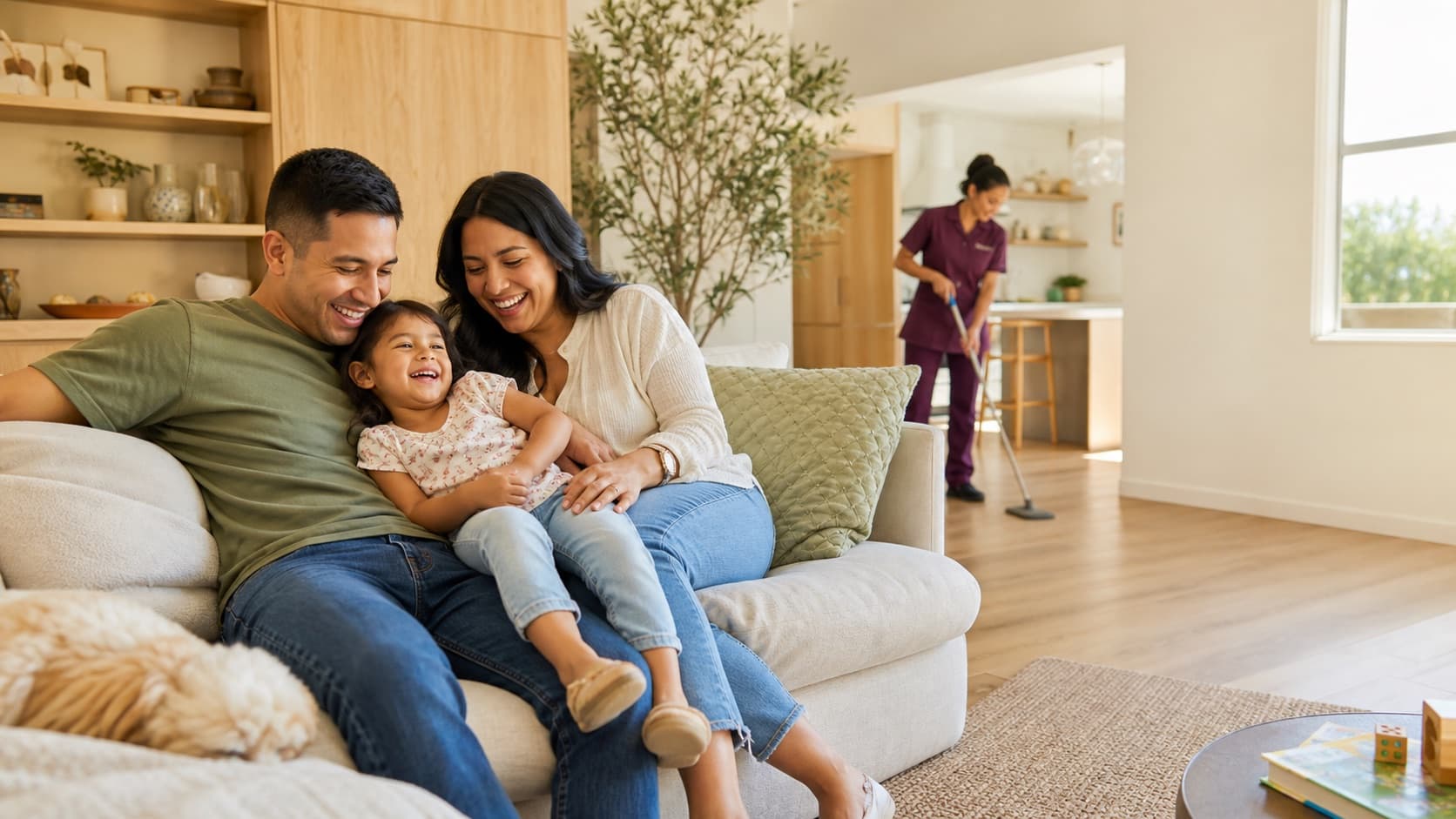 Family enjoying time together in a bright, freshly cleaned home