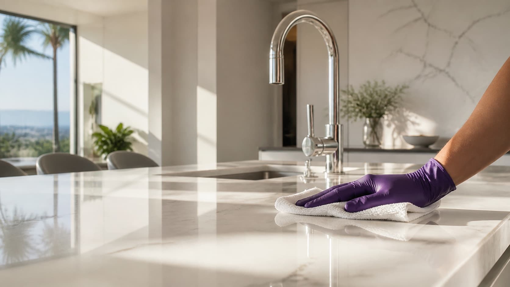 Detail cleaning of a polished kitchen counter in a Southern California home
